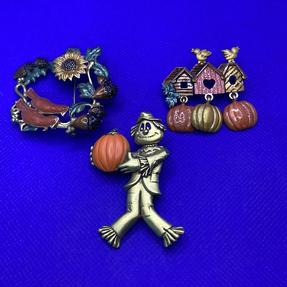 Festive Fall Brooch Set with Scarecrow and Pumpkins and Sunflower
